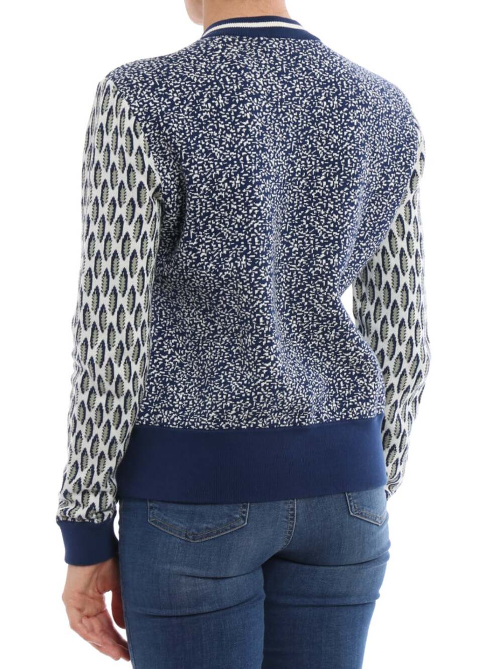 Tory Burch Leah Knitted Cotton Bomber Jacket in Navy Pattern Size Small - Picture 2 of 8